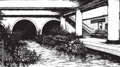Bridge over water with a pathway and plants. Black and white urban set featuring a scenic vector illustration with architectural elements.