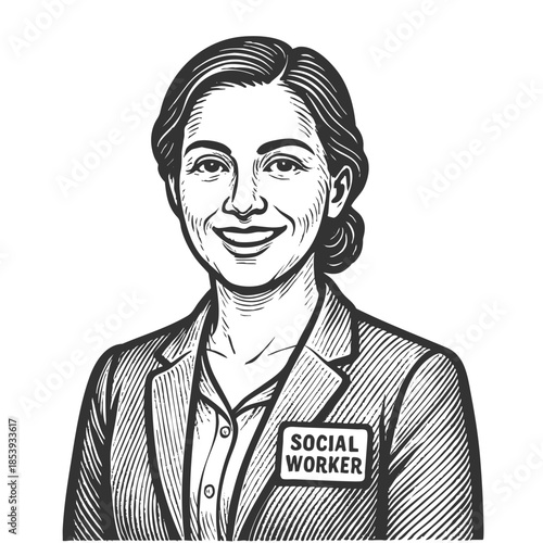 smiling female social worker in glasses and blazer sketch engraving generative ai fictional character vector illustration. Scratch board imitation. Black and white image.