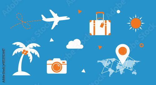 Travel and Vacation Icons: Airplane, Suitcase, Palm Tree, Camera, World Map, Sun