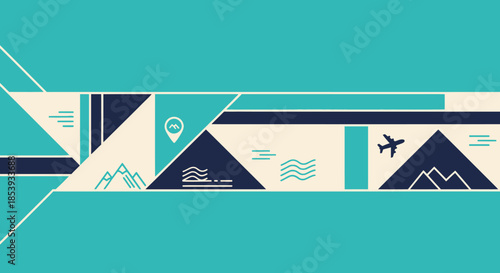 Travel Adventure Icons: Mountains, Airplane, Waves, Location Pin on Geometric Background