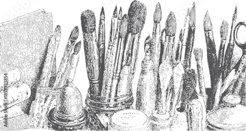 Art tools including brushes, pens, and pencils in a monochrome vector illustration. This detailed set showcases various crafting supplies and materials.