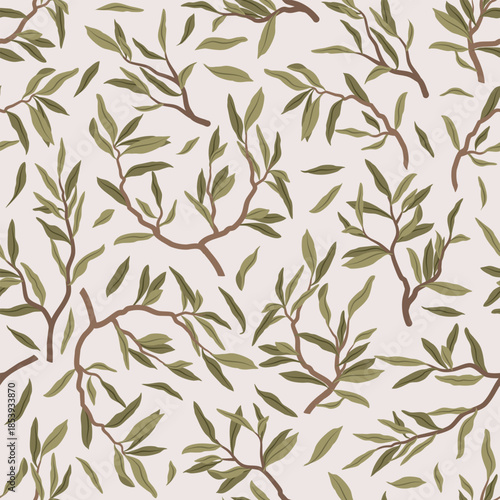 Seamless vector pattern with olive tree leaves and branches.