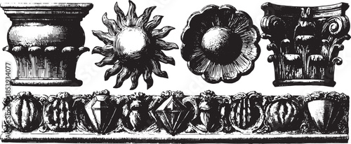 Decorative art deco elements featuring columns and ornaments. Vintage vector illustration set showcasing intricate details and design.