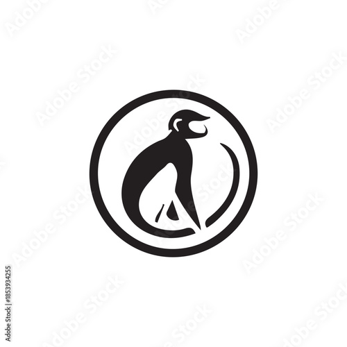 Abstract monkey sitting profile in a circular black and white logo
