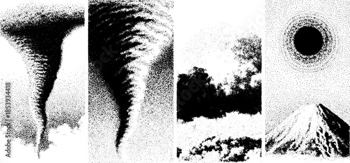 Tornado and volcano illustrations in vintage style. Black silhouette clouds and sun vector illustration set depicting weather and nature elements.