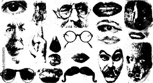 Faces and parts including eyes, mouths, and glasses. Vintage vector illustration in monochrome line drawing style. Unique set of elements.