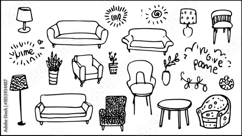 Furniture set including sofa, chair, table, and lamp in minimalist style. Black and white line art vector illustration.