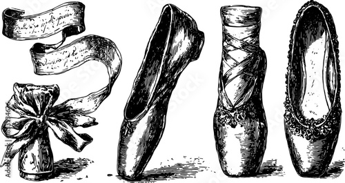 Vintage ballet shoes illustrated in satin with elegant ribbons. Detailed graphic set showcasing classic dance footwear in vector illustration.