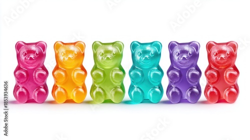 Colorful gummy bears in a row against a clean white background