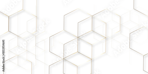 Abstract white background with gold hexagons seamless pattern and geometric in vector design. Futuristic blue neon honeycombs. Modern technology design .Minimal style website banner, decoration .