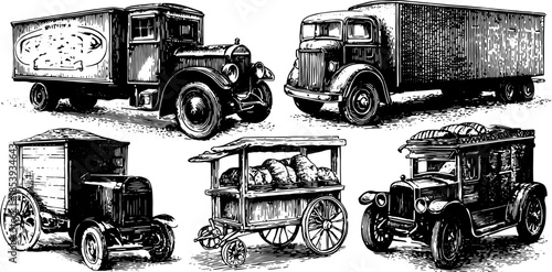 Antique trucks and vehicles in an engraving style. Vintage black outline vector illustration depicting transport equipment in a set.