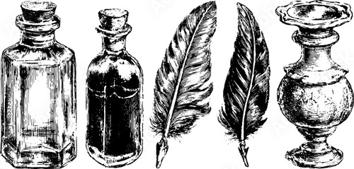 Vintage ink bottle, feather, and vase in a decorative set. This hand-drawn engraving is presented in a black line art vector illustration.