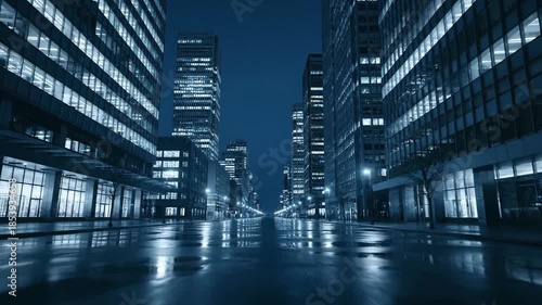 Futuristic Urban Canyon with Glowing Office Buildings After Rain.