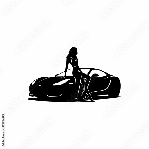 vector silhouette of a female model posing with a car