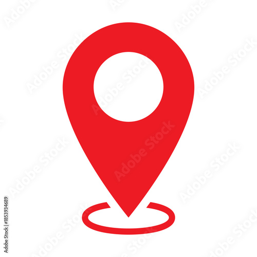 Red pin marker with base ring shadow. GPS map marker symbol. Location pin vector icon for use in navigation apps, GPS tracking interfaces, travel websites, delivery service maps
