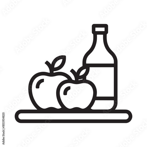 A simple line drawing of apples and a bottle on a platter