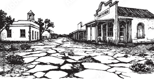 Abandoned town scene with vintage buildings and cracked pavement. Black and white vector illustration showcasing detailed structures in a rural landscape.