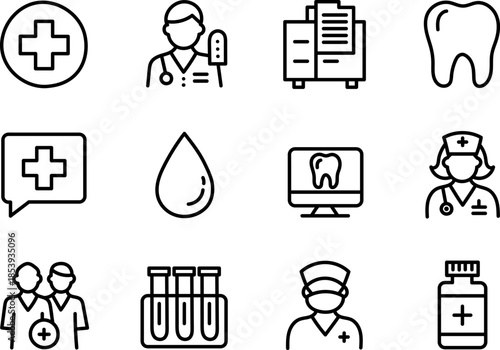 Hand Drawn Medical and Healthcare Icons Set with Doctor Dentist Hospital and Laboratory Symbols
