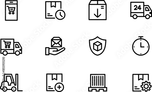 Hand Drawn Logistics and Delivery Icons Set with Shipping Tracking Warehouse and Time Symbols