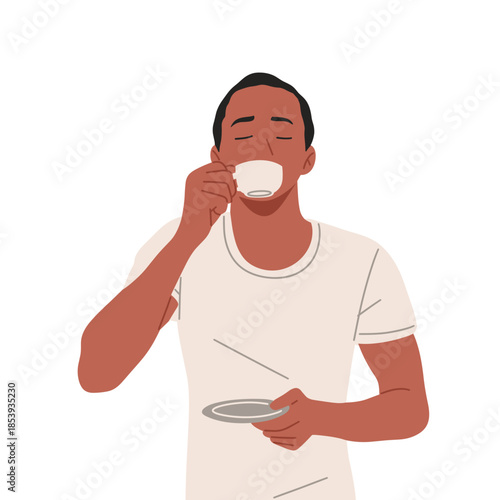 Men and women drinking coffee and tea in different poses, enjoying hot beverages during daily routines. Flat vector illustration set showing people relaxing with cups and mugs at home, office, or cafe