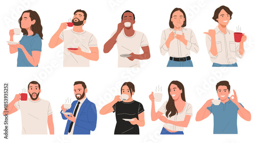 Men and women drinking coffee and tea in different poses, enjoying hot beverages during daily routines. Flat vector illustration set showing people relaxing with cups and mugs at home, office, or cafe