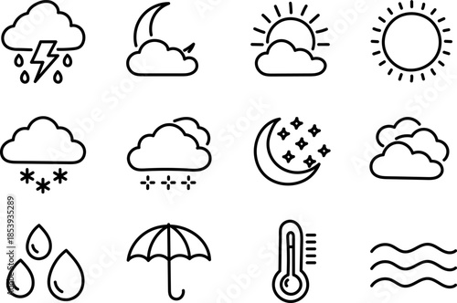 Hand Drawn Weather Icons Set with Sun Moon Rain Cloud and Temperature Symbols