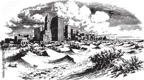 City skyline in a sandy landscape. Black and white vector illustration showing buildings and clouds with unique textural detail.