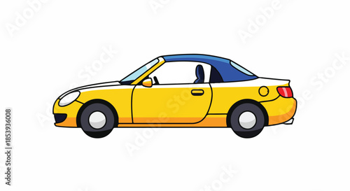 Vibrant yellow cartoon convertible car illustration with a blue soft top, a playful vehicle design