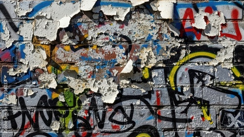 Wallpaper Mural Urban graffiti on weathered brick wall with peeling paint and colorful abstract designs Torontodigital.ca