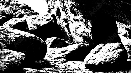 Engraving of a rocky landscape featuring boulders and terrain in monochrome. Vintage vector illustration of natural details in a set.
