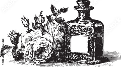 Vintage bottle and roses in an elegant illustration. Detailed floral vector art with a decorative label in a classic style.