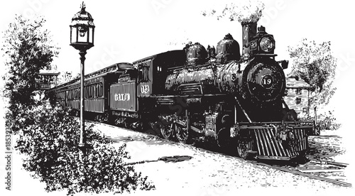 Vintage train locomotive illustration in black and white. This detailed vector illustration captures historical transportation elements and scenery in a cohesive set.