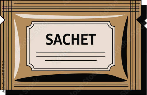 Brown sachet packaging with label on beige background