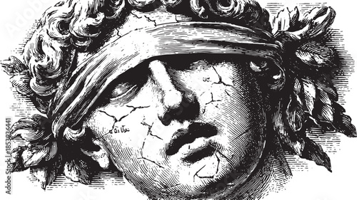Vintage engraving of a classical statue head with intricate details. Monochrome artwork in vector format, showcasing craftsmanship and historical representation.
