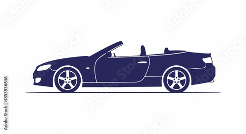 Side view of a sleek dark blue convertible sports car on a white background