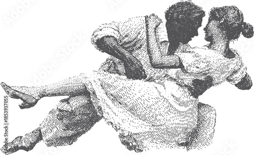 Vintage illustration of a couple dancing gracefully in a dynamic pose. Black and white vector artwork captures their elegant movement in a romantic illustration.