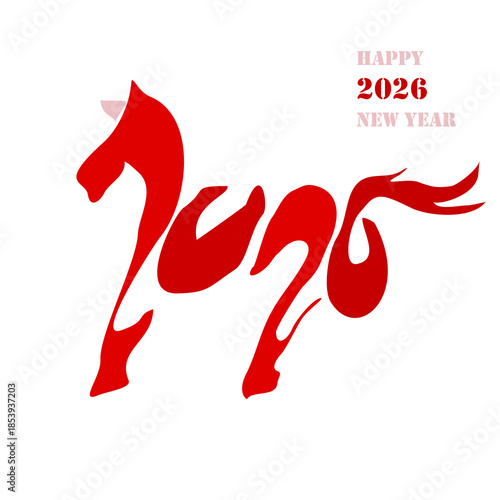 Holiday card Happy New Year 2026. Stylized image of a fire horse according to the Eastern Chinese calendar. Astrological New Year.