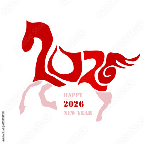 Holiday card Happy New Year 2026. Stylized image of a fire horse according to the Eastern Chinese calendar. Astrological New Year.