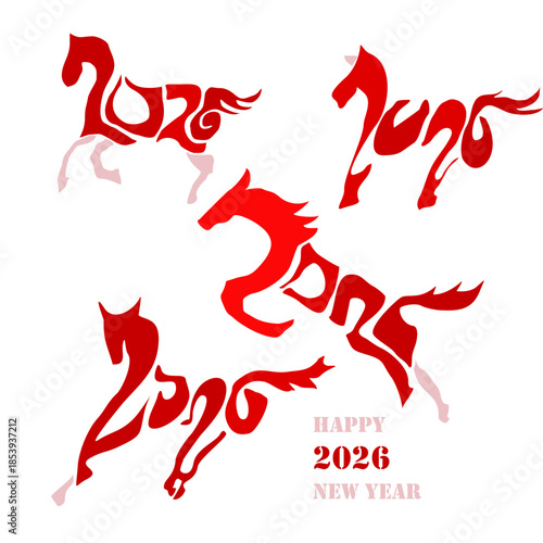 Holiday card Happy New Year 2026. Stylized image of a fire horse according to the Eastern Chinese calendar. Astrological New Year.