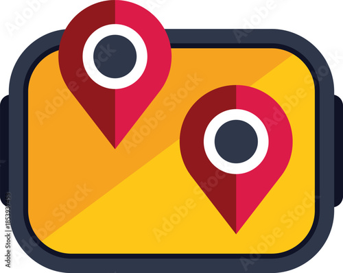 Gps navigation app is showing location pins on a smartphone screen with a yellow background