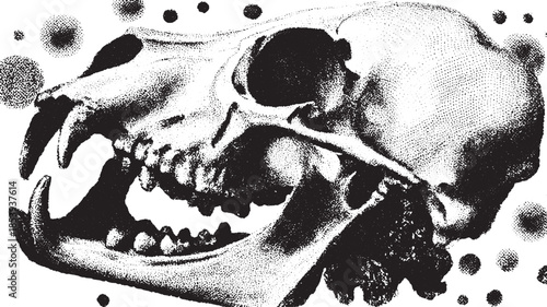 Animal skull vector illustration in black and white. Detailed artwork featuring texture, ideal for educational or scientific purposes.
