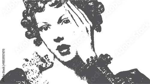 Vintage woman's face with sad expression in black and white. Detailed vector illustration showcasing classic style and emotion.