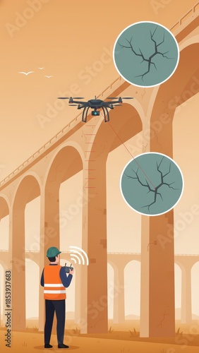 Technician man controls drone scanning bridge pillar cracks with magnified detail, infrastructure safety check, drone inspection, industrial drone