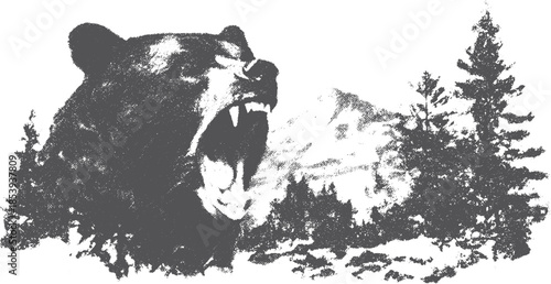 Roaring bear in wilderness. Monochrome vector illustration showcasing powerful wildlife against a forest landscape.