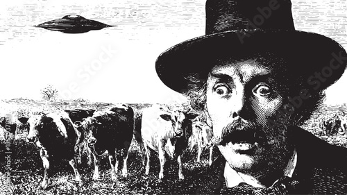 Surprised man with a hat and cows in a vintage illustration. UFO in a black and white farm set, depicted in a retro style vector illustration.