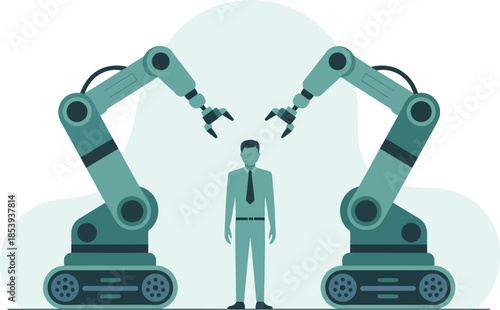 Businessman standing between robotic arms in modern workspace