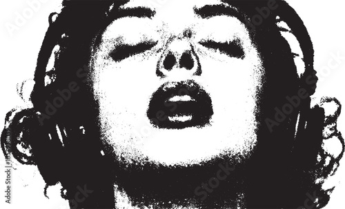 Woman with headphones enjoying music. Simple black and white vector illustration emphasizing artistic expression in a modern set.