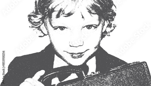 Boy in a suit holding a briefcase. Simple black and white vector illustration set, highlighting a professional appearance.