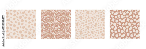 Beige spots seamless patterns. Monochrome irregular blobs print collection. Cow freeform amoeba backgrounds set. Vector seamless bg. Camo neutral nude colors animal mini patterns. Spotty wallpapers.