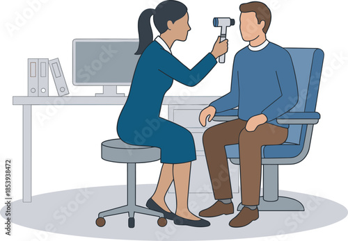 Female doctor performing ear examination on young male patient using otoscope in medical clinic office, flat vector illustration design.